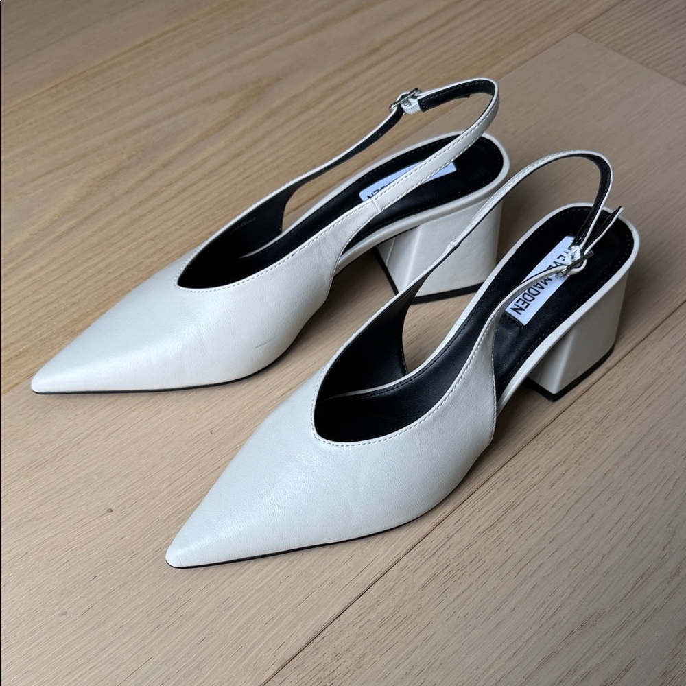 Steve Madden White Pointed Toe Slingback Block Heels